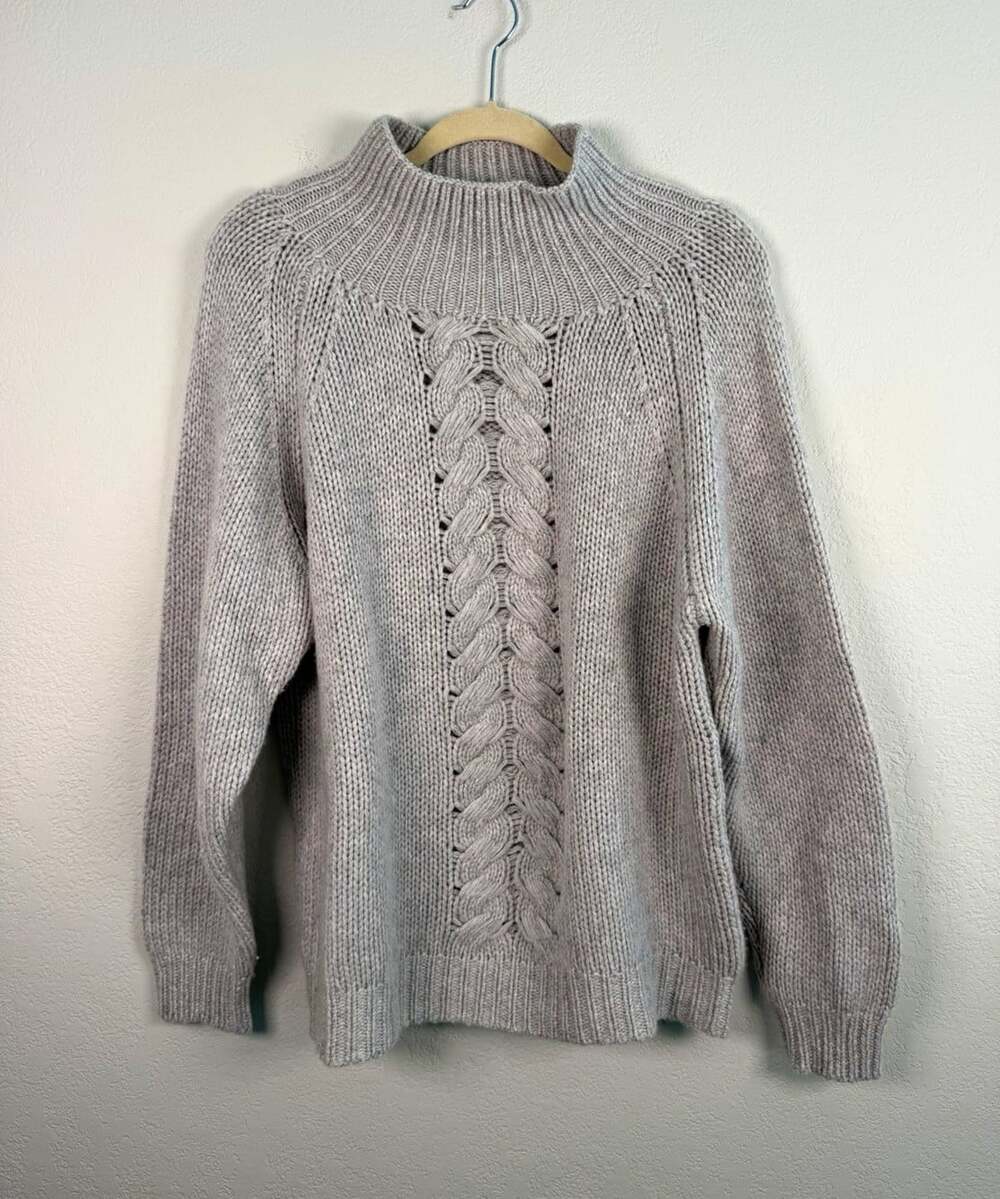 Care By Me 100% Cashmere Gray Cable Chunky Knit Mock Neck Raglan Sweater M